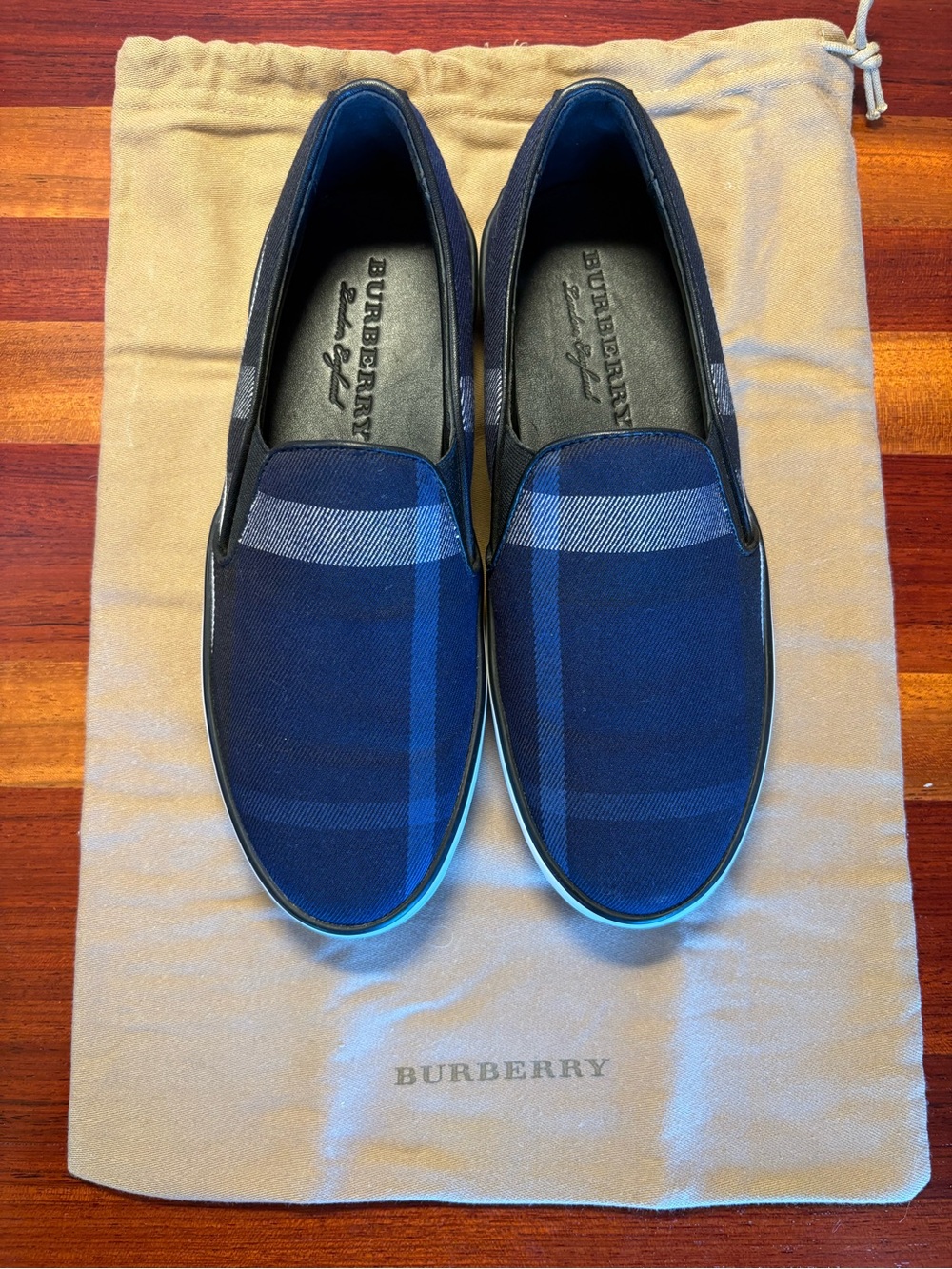 Burberry Women’s Blue Plaid Check Slip-On Loafers